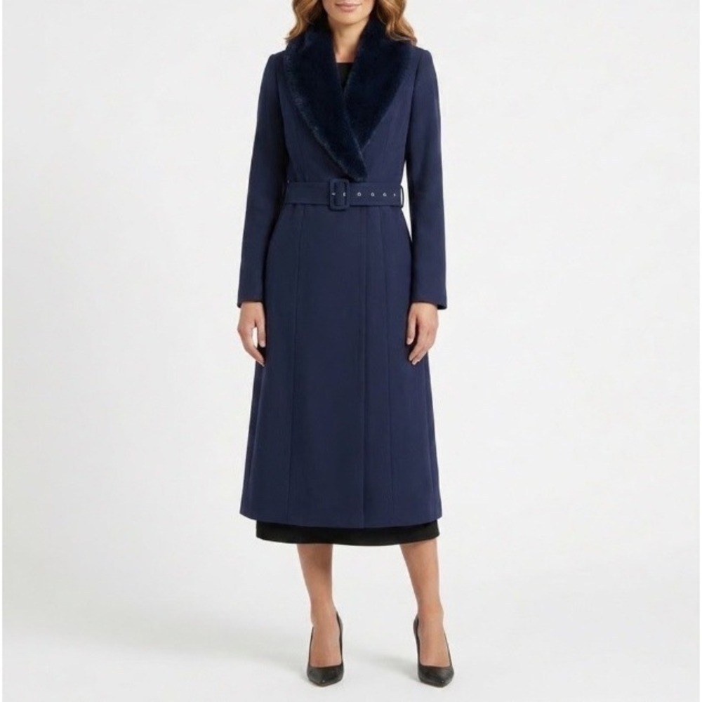 naked wardrobe Deep Navy Blue Belted Faux Fur Collar Trench Coat